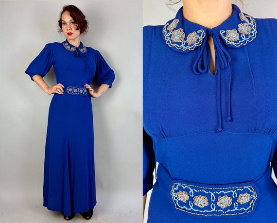 1930s Cobalt Caress Dress | Vintage 30s 2 Piece Blue Rayon Crepe Gown with Short Balloon Sleeves and Beaded Belt and Collar | Medium Large