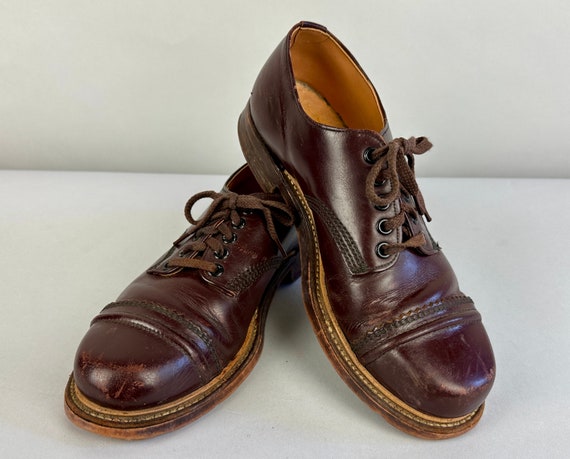 1940s Dandy Darling Shoes | Vintage 40s Oxblood Red Cap Toe Oxfords with Layered Stitching and Reinforced Hard Toe | Size 8 US