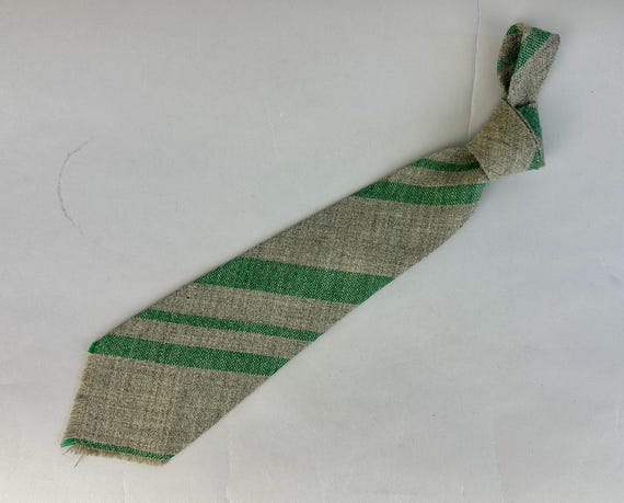 1930s Turn Up in Tweed Tie | Vintage 30s Grey and Green Diagonal Striped Wool Self Necktie Cravat Native Hand Loomed by Verkamp's