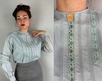 1950s Prim Proper and Practical Blouse | Vintage 50s Deadstock Sky Blue Acetate Button Back Top Shirt with Lace and Pintuck Stripes | Medium