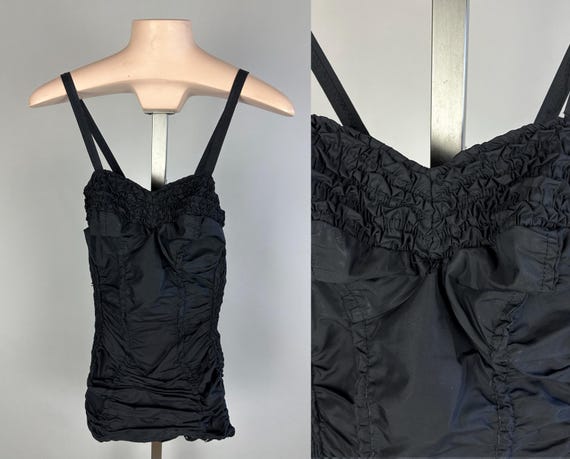 1950s Nadia's Noir Swimsuit | Vintage 50s Black "Jantzen" Ruffled and Ruched Bathing Suit w/Boned Cups & Buttoning Straps | Extra Small XS