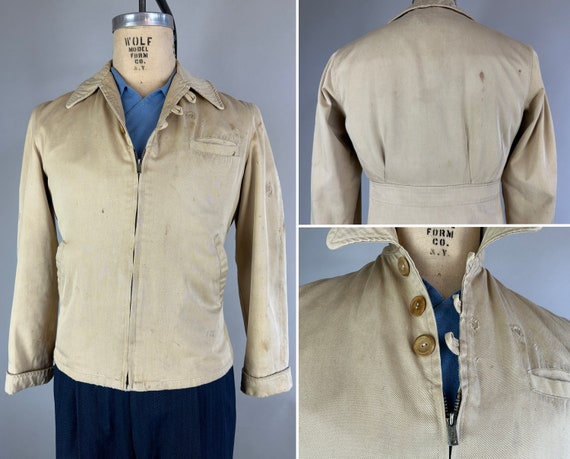 1930s Gaucho Jacket | Vintage 30s Beige Wool Twill Sunrays Talon Zip & Button-Up Pleated and Belted Back Sportswear Casual Coat  | Small