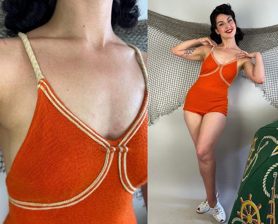 1930s Pumpkin Pinup Bathing Suit | Vintage 30s Orange Wool One Piece Swimsuit with White Braided Straps and Bust Trim | Small Medium