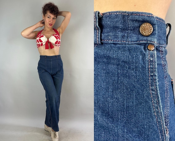 1950s Round the Ranch Jeans | Vintage 50s Indigo Blue Denim Dungarees Side Zip Pants with Orange Top Stitching and Roomy Pockets | Medium