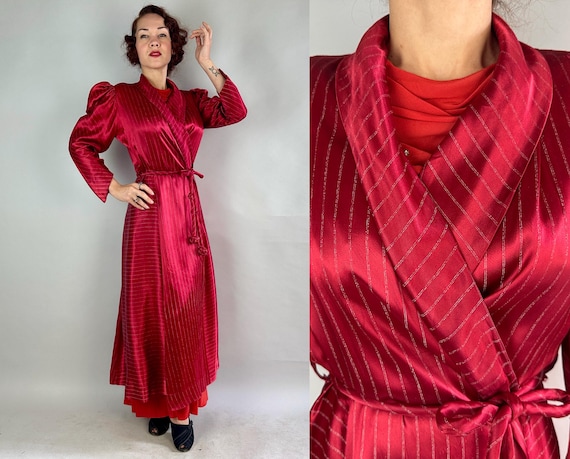 1930s Fire and Ice Dressing Gown | Vintage 30s Flame Red with White Pinstripes Rayon Satin Puff Sleeve Lounge Wrap Robe | Small Medium Large