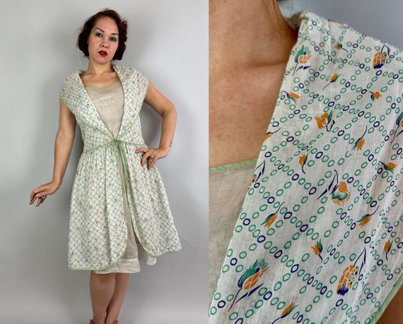 1920s Easy Breezy Frock | Vintage 20s Sheer White Cotton Voile Over Dress with Deco Floral Pattern and Piping in Mint Orange & Blue | Small