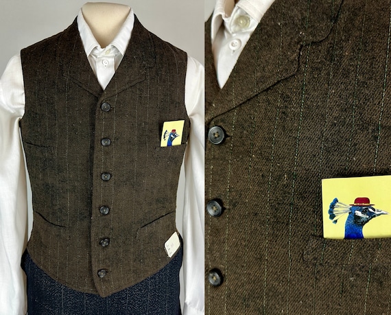 1900s Dandy Deadstock Waistcoat | Vintage Antique Edwardian Brown Wool Vest with Green and White Stripes and Original Tag! | Size 36 Small