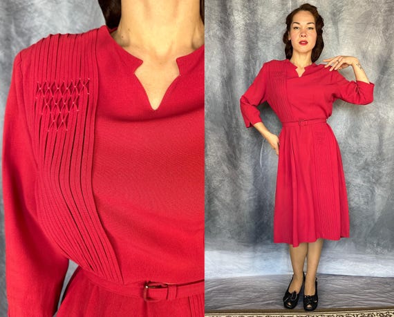 1940s Smoking Hot Smocked Dress | Vintage 40s Pink Rayon Crepe Frock with Asymmetric Pleated Smocking Accents and Belt | Extra Large XL
