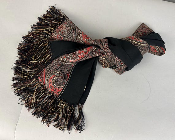 1930s Posh Paisley Scarf | Vintage 30s Silk Crepe Wrap of Red Black and Beige Paisleys with Solid Stripes and Multi-Tone Fringe