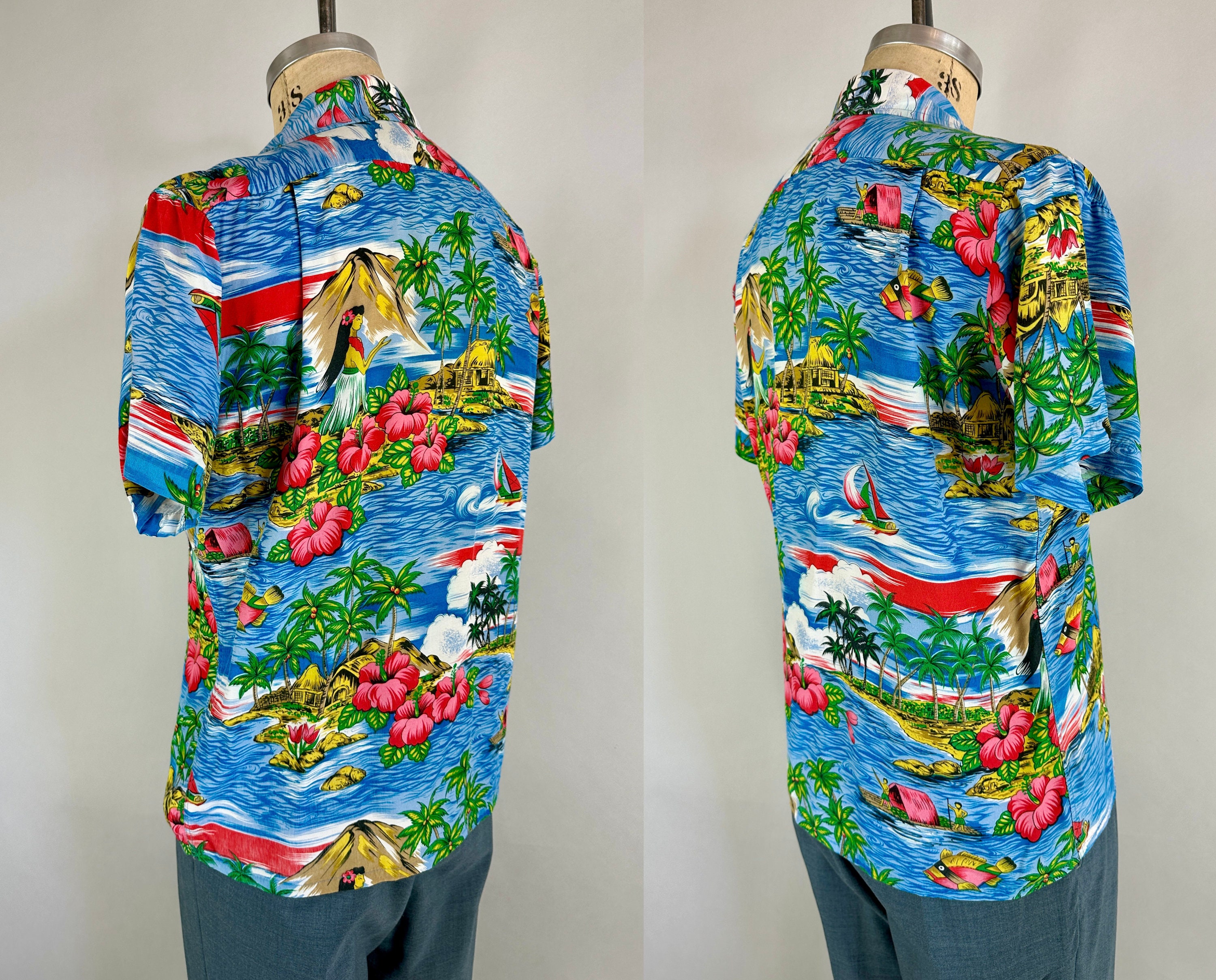 1950s Hula and Hibiscus Shirt | Vintage 50s Hawaiian Tiki 1950s Hula and Hibiscus Shirt | Vintage 50s Hawaiian Tiki