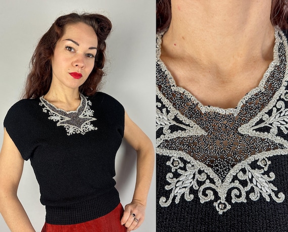 1940s Midnight Snow Knit Blouse | Vintage 40s Black Rayon Top Shirt w/Silver Soutache White Beads and See Through Neckline | Small Medium