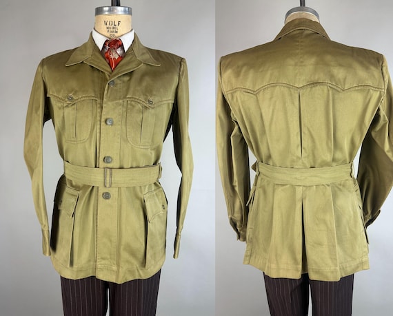 1930s Serene Safari Jacket | Vintage 30s Olive Khaki Cotton Twill Belted Light Weight Coat w/4 Pockets and Plenty of Pleats | Medium Large