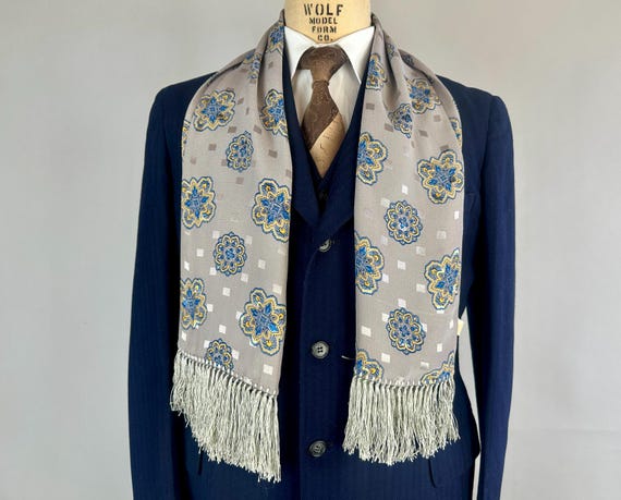 1940s Sophisticated Sir Scarf | Vintage 40s Grey Blue Yellow and Silver Rayon Crepe with Paisley Mandalas Fringe and Squares