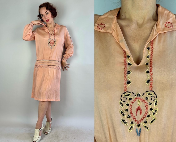 1920s Pretty in Peach Peasant Dress | Vintage 20s Peachy Pink Silk Frock w/Embroidery and Smocking in Black Yellow Blue and Pleats | Medium