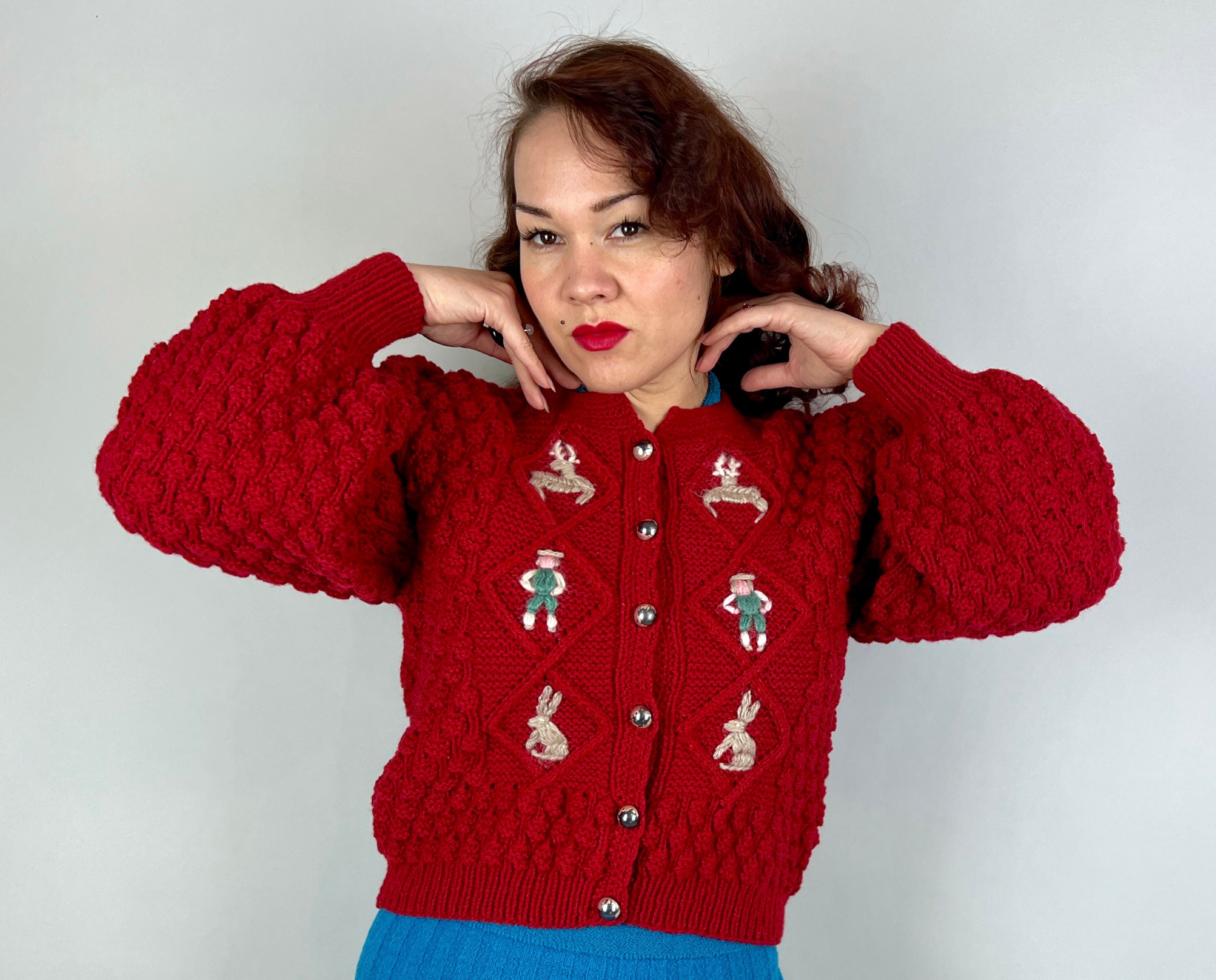 1930s Lydia\'s Lovely lanz Cardigan Vintage 30s Bubble Knit Red Wool Button  up Sweater With Balloon Sleeves & Novelty Embroidery Medium - Etsy