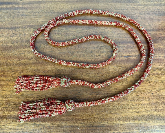 1920s Flirty Flapper Wrap Necklace | Vintage 20s Yellow and Red Glass Seed Bead Extra Long Woven Rope Necklace with Beaded Tassels