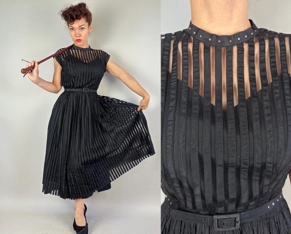 1940s Bad Girl Behind Bars Dress Ensemble | Vintage 40s Black Tulle Net and Taffeta Cage Stripes Frock w/Rhinestones and Slip + Belt | Small