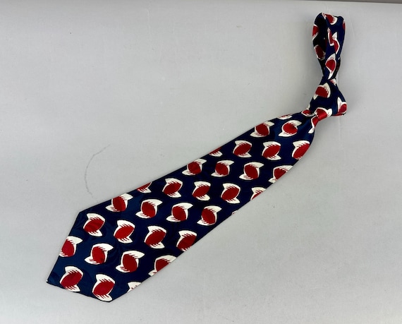 1940s Having a Ball Necktie | Vintage 40s Blue Red and White Flying Sphere Print Rayon Self Tie Cravat