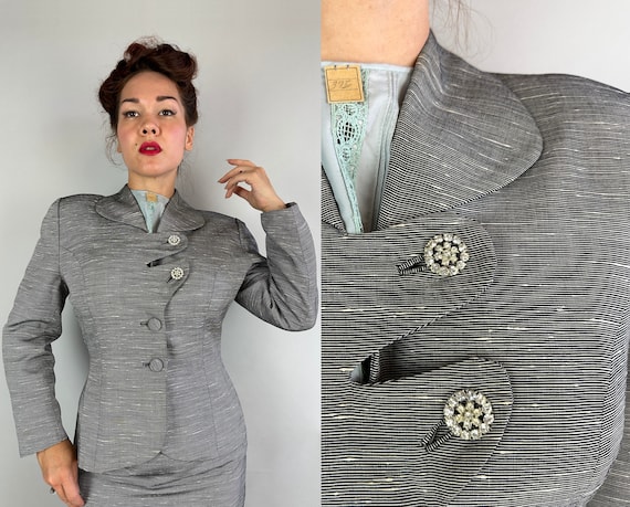 1950s Classic TV Star Suit | Vintage 50s Black and White Grey Nubby Silk Faille Two Piece Jacket and Skirt Set with Rhinestones | Small