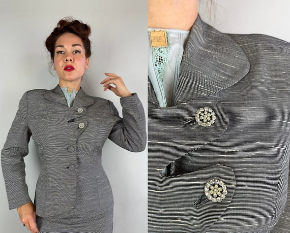 1950s Classic TV Star Suit | Vintage 50s Black and White Grey Nubby Silk Faille Two Piece Jacket and Skirt Set with Rhinestones | Small