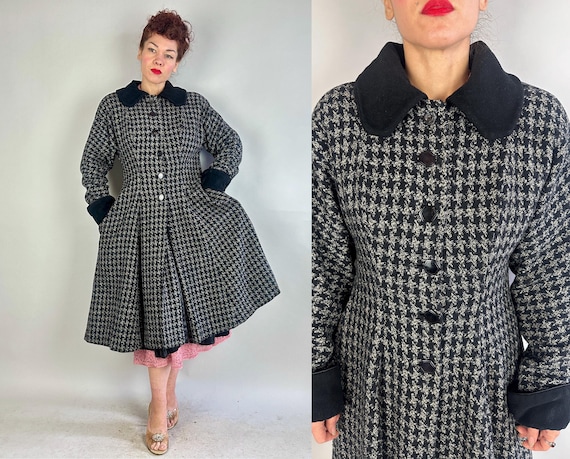 1950s Detective Donna Coat | Vintage 50s Black and Grey Large-Scale Houndstooth Wool Princess Overcoat | Large Extra Large XL Volup