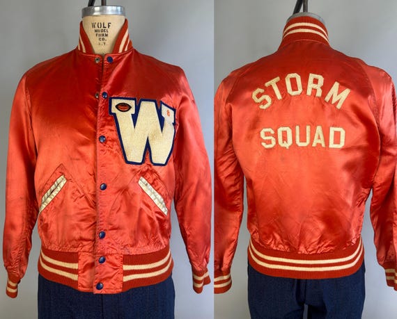 1950s Storm Chaser Squad Jacket | Vintage 50s Coral and White Sateen Team Letterman Coat with Knit Accents and Chenille Patch | Medium