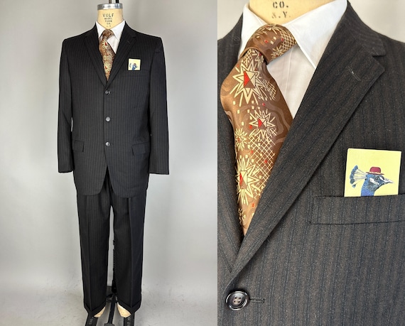 1950s Rockin Rockingham Suit | Vintage 50s Black and Copper Striped Wool Hep Two-Piece Single-Breasted Set | Size 40 Medium