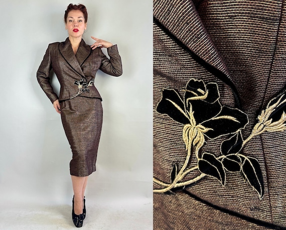 1950s All That Glitters "Lilli Ann" Suit | Vintage 50s Black Bronze Wool Silk + Gold Lamé Cocktail Jacket & Skirt w/Velvet Appliqué | Small