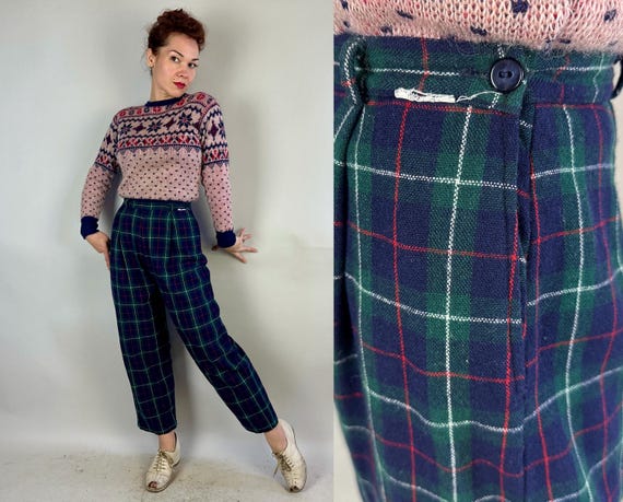 1950s Pretty Lassie Plaid Pants | Vintage 50s Green Red White and Blue Macintyre Tartan Check Wool Side Zip Slacks Trousers | Small