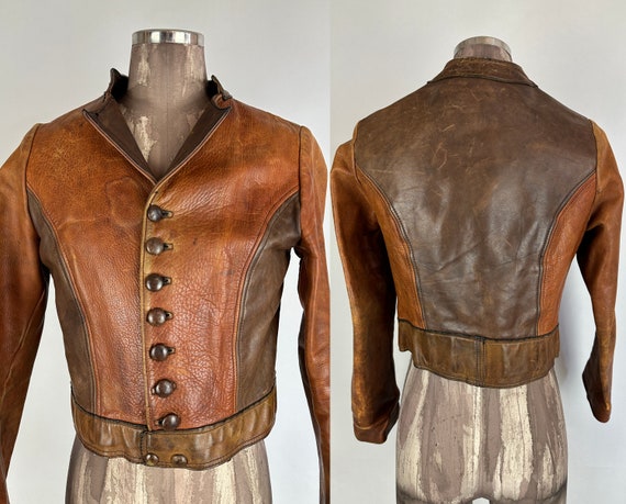 1930s Run Around Rebel Jacket | Vintage 30s Two Tone Brown and Copper Unique Cropped Leather Cossack Coat with Leather Buttons | Small