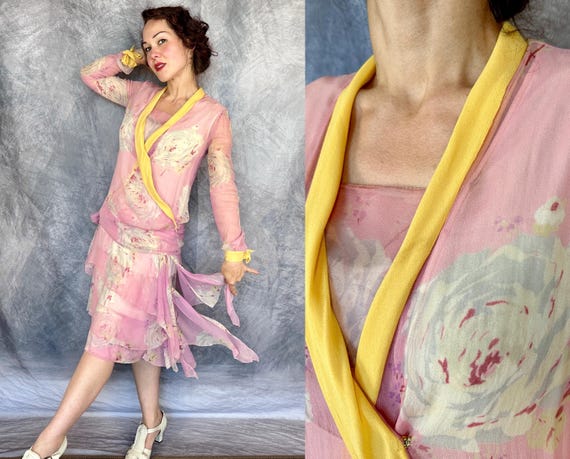 1920s Flit and Flutter Dress Ensemble | Vintage 20s Pink White and Yellow Floral Silk Chiffon Tiered Frock & Wrap Blouse | Small Medium