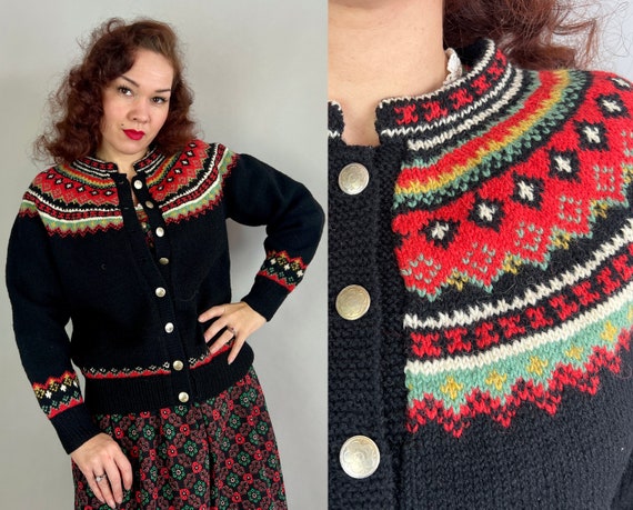 1950s Nestled in Norway Cardigan | Vintage 50s Black Red Yellow White & Green Norwegian Wool Knit Sweater with Silver Buttons | Medium Large