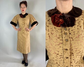 Jaren '30 Cafe Society-jurkensemble | Vintage jaren '30 koffie crème beige kanten top en japon met mokkabruine fluwelen accenten tweedelige set | Klein