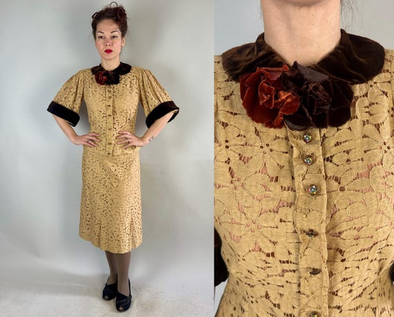 1930s Cafe Society Dress Ensemble | Vintage 30s Coffee Cream Beige Lace Top and Frock with Mocha Brown Velvet Accents Two Piece Set | Small