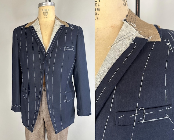 1960s Unfinished Symphony Jacket | Vintage 60s Tailor Sample Display Navy Blue Herringbone Stripe Wool Sport Coat Blazer | Size 38/40 Medium
