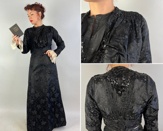1800s Garden of Dark Delights Dress Ensemble | Antique Victorian Two Piece Black Floral Silk Brocade Bodice + Skirt w/Sequins & Lace | Large