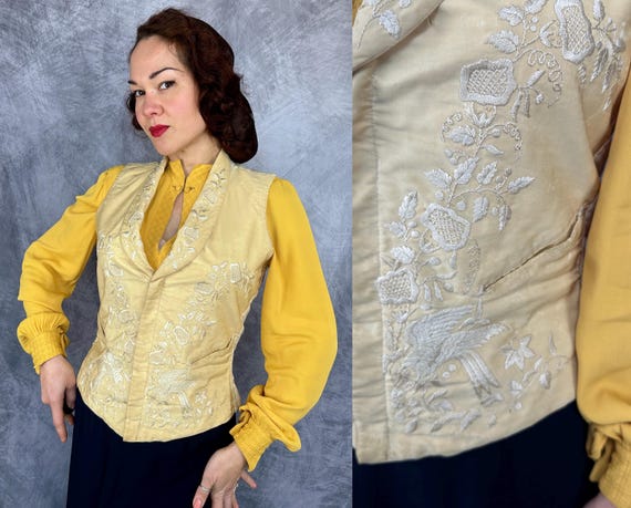 1800s Embodied Enchantment Waistcoat | Antique Vintage Victorian Vest of Ivory Silk + Cotton w/White Silk Bird & Floral Embroidery | Medium