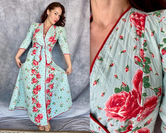 1940s Sleeping Beauty Quilted Floral Dressing Gown | Vintage 40s Sky Blue with Red Rose Floral Print Robe | XS Extra Small Small Medium