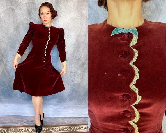 1930s My Velvet Valentine Dress | Vintage 30s Wine Red Cotton Velveteen Frock with Lace Trim Teal Bows Puff Sleeves & Scalloped Hem | Small