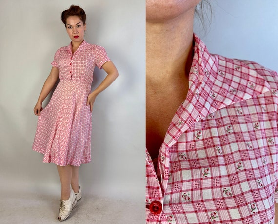 1930s Ready in Red Dress | Vintage 30s Scarlet and White Check Button Up Shirtwaist Summer Frock with Flowers and Full Skirt | Small
