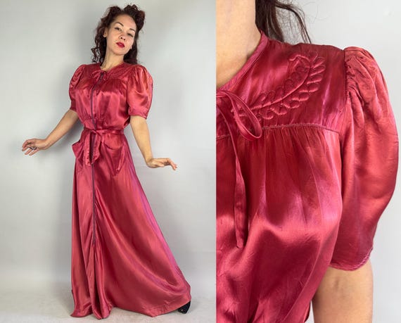 1930s Passionate Pink Dressing Gown | Vintage 30s Liquid Rayon Satin Zip Front Hostess Lounge Dress with Trapunto Quilting | Medium Large