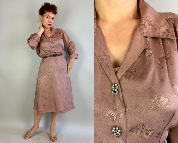 1940s Fluttering Flowers Frock | Vintage 40s Mauve Floral Brocade Rayon Shirtwaist Dress with Rhinestone Flower Buttons | Extra Large XL