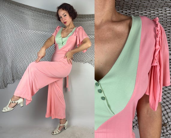 1930s Cotton Candy Boardwalk Cruise Beach Pajamas | Vintage 30s Pink & Green Rayon Jersey Lounge Jumpsuit with Angel Sleeves | Medium Large