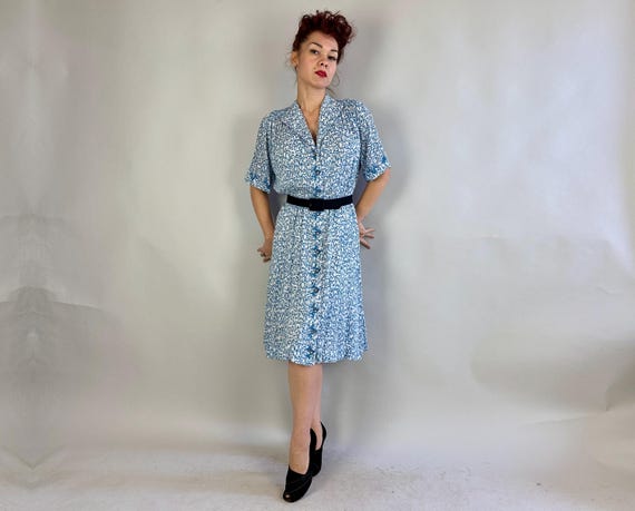 1940s Step in Time Dress | Vintage 40s Blue and W… - image 2