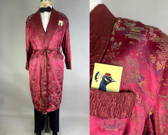 1950s Debonaire In The Den Smoking Jacket | Vintage 50s Fuchsia Blue & Gold Asian Silk Village Scene Brocade Lounging Robe | Medium