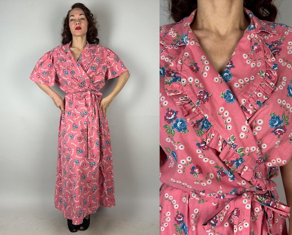 1930s Lovely Lady Lounge Robe | Vintage 30s Pink Blue White and Green Floral Cotton Coverup Dressing Gown Wrap Dress | Large Extra Large XL