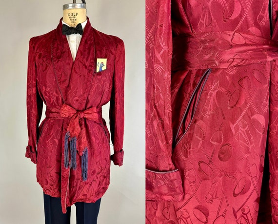 1940s After the Races Smoking Jacket | Vintage 40s Crimson Red Rayon Brocade Lounging Robe with Novelty Horse and Jockey Pattern | Large