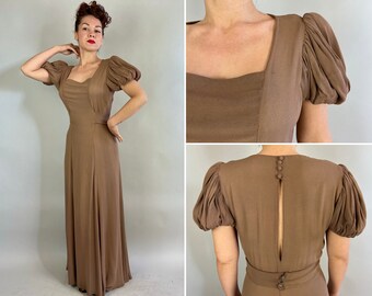 1930s Screen Queen Gown | Vintage 30s Mocha Taupe Brown Rayon Crepe Grecian Drape Puff Sleeve Evening Full Length Belted Back Dress | Medium