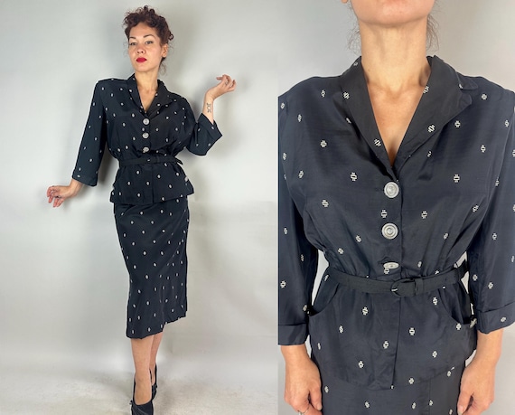 1950s Glamorous Glyphs Suit | Vintage 50s Black Rayon Taffeta with White Symbols Print Jacket w/Glass Buttons Skirt & Belt | Extra Large XL