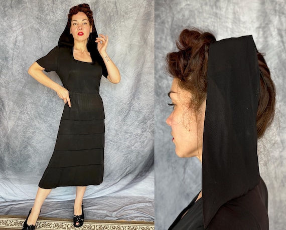 1940s Beguiling Black Beauty Hooded Dress | Vintage 40s Noir Rayon Crepe Cocktail LBD w/ Convertible Scarf Half Hood & Tiered Skirt | Medium